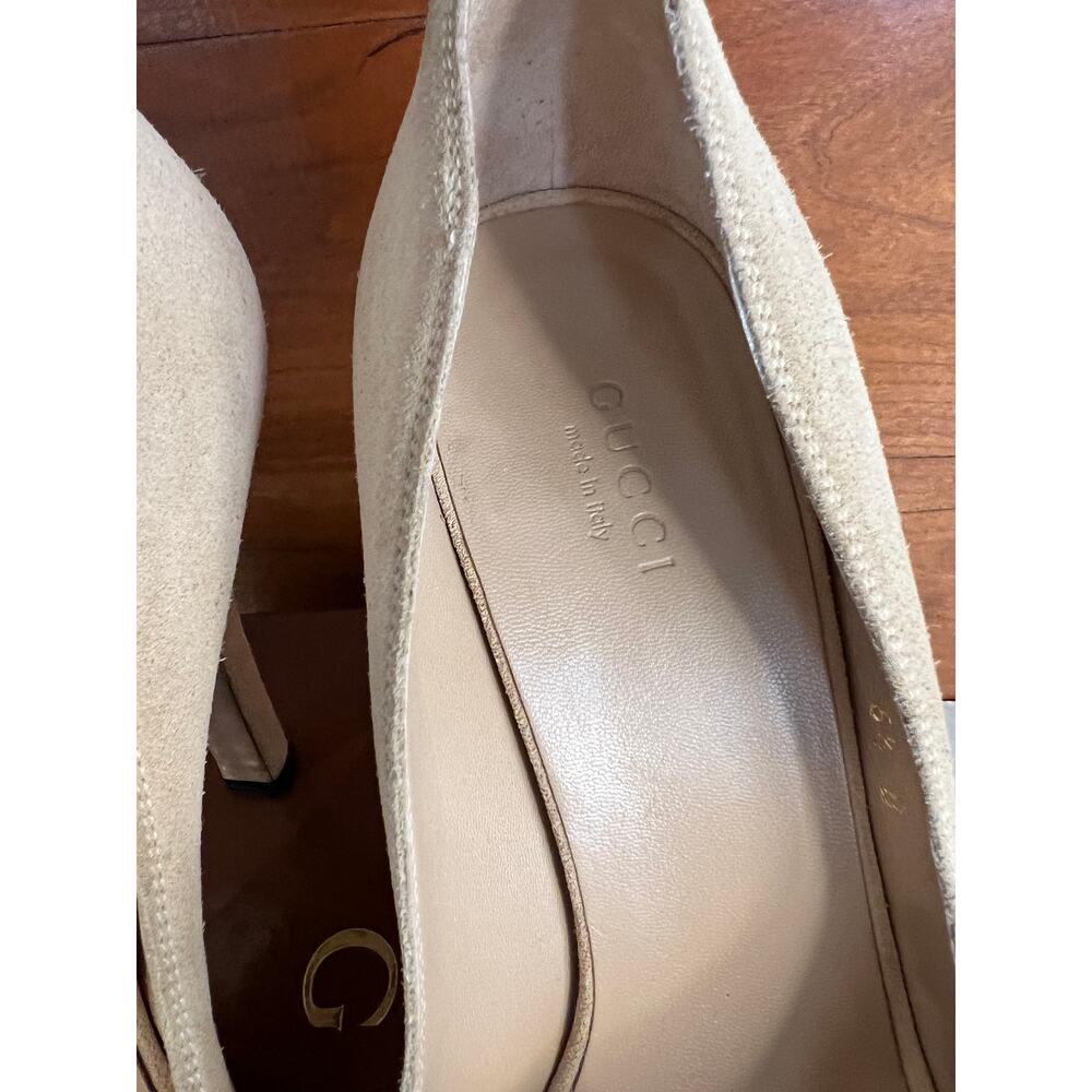 Gucci Suede Horsebit Platform Open toe Heels Pumps Sand 6.5 - Picture 13 of 15